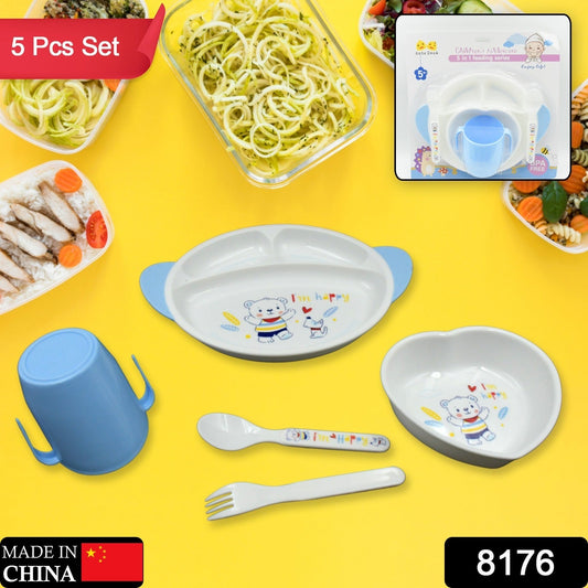 5in1 Baby Feeding Set for Kids and Toddlers,Children Children Dinnerware Set - Feeding Set for Kids, Cartoon Design Plate, Cup, Spoon, Fork Tableware Cutlery for Kids Microwave (5 Pcs Set)