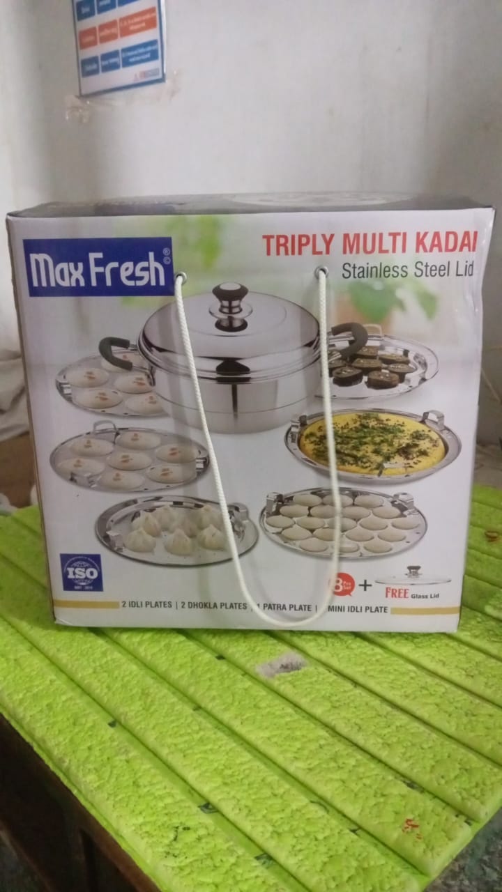 Stainless Steel Triply Multi Kadai idli, dhokla, Patra, Mini idli plates, kadai with Lid (8 Pcs Set / Free Glass Transparent Lid)
