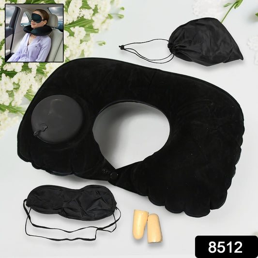 8512 3 in 1 Comfortable Travel Sleeping Kit, Neck Pillow, Eye Mask & Ear Plug Set Inflatable Plane Sleeping Pillow Head Neck Support Pillows for Travel Airplane Office, Black
