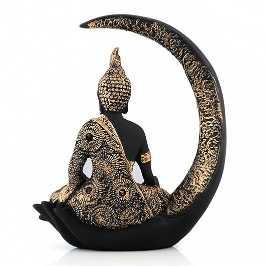 ECRAFTBЕЕ Antique Big Meditating Moon Buddha Statue Showpiece | 9-Inch Polyresin Lord Buddha Idol for Home & Office Decor | Black & Gold Decorative Figurine for Gifting & Spiritual Ambience Brand: ECRAFTBЕЕ