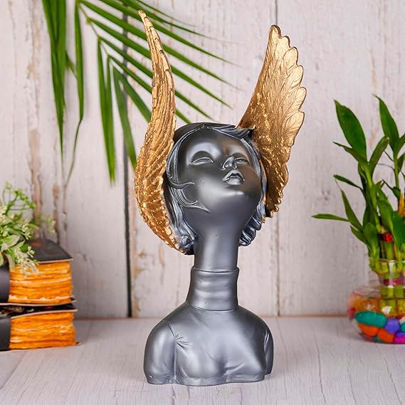 ECRAFTBЕЕ Grey & Golden Fairy Lady Statue Lucky Home Decore Matte Finish Resin Decorative Figurines/Showpiece