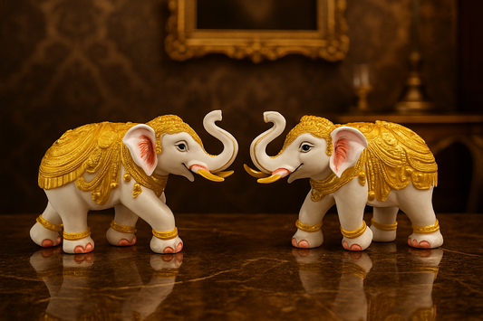 Home Decor Elephant Statue Modern Style White and Golden Decoration Suitable for Living Room, Bedroom, Desk, Cabinet, Gifts (Set of 2)