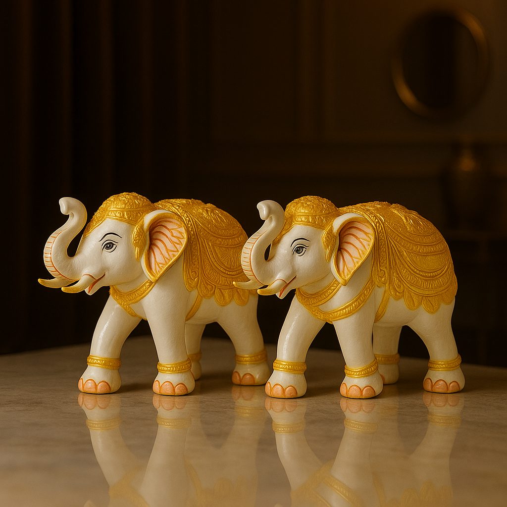 Home Decor Elephant Statue Modern Style White and Golden Decoration Suitable for Living Room, Bedroom, Desk, Cabinet, Gifts (Set of 2)
