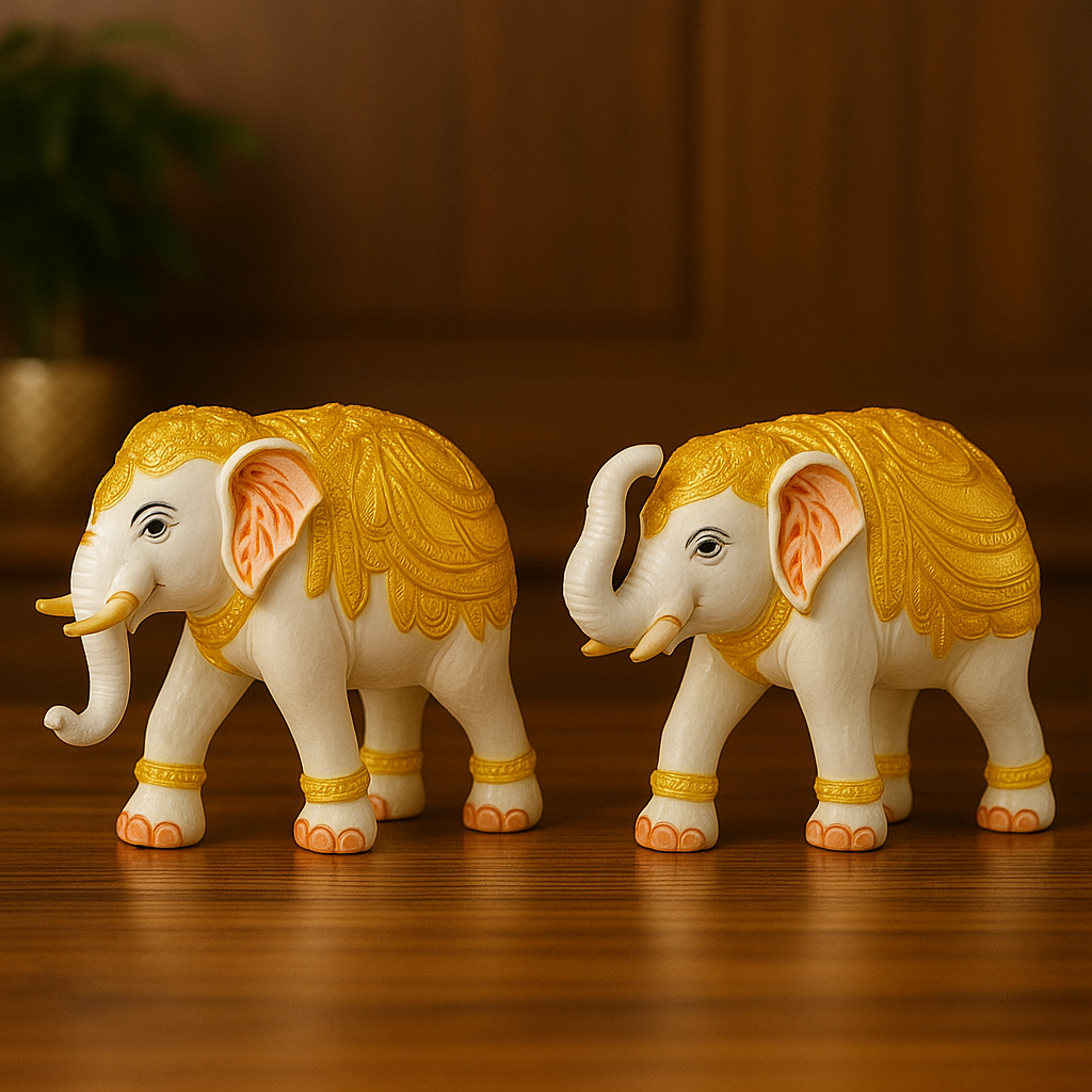 Home Decor Elephant Statue Modern Style White and Golden Decoration Suitable for Living Room, Bedroom, Desk, Cabinet, Gifts (Set of 2)