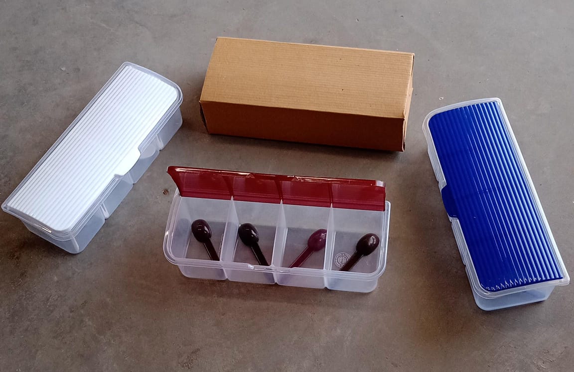Kitchen Multipurpose Air-tight 4 Sections Storage Containers / Masala Box Pickle (Achar) Jar with 4 spoon for each section (1 Pc / Mix Color)