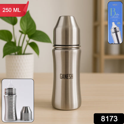 Ganesh Stainless Steel Baby Feeding Bottle, Milk Bottle for New Born / Infants / Toddler Up to 3 Years, BFA Free (250 ML Approx)