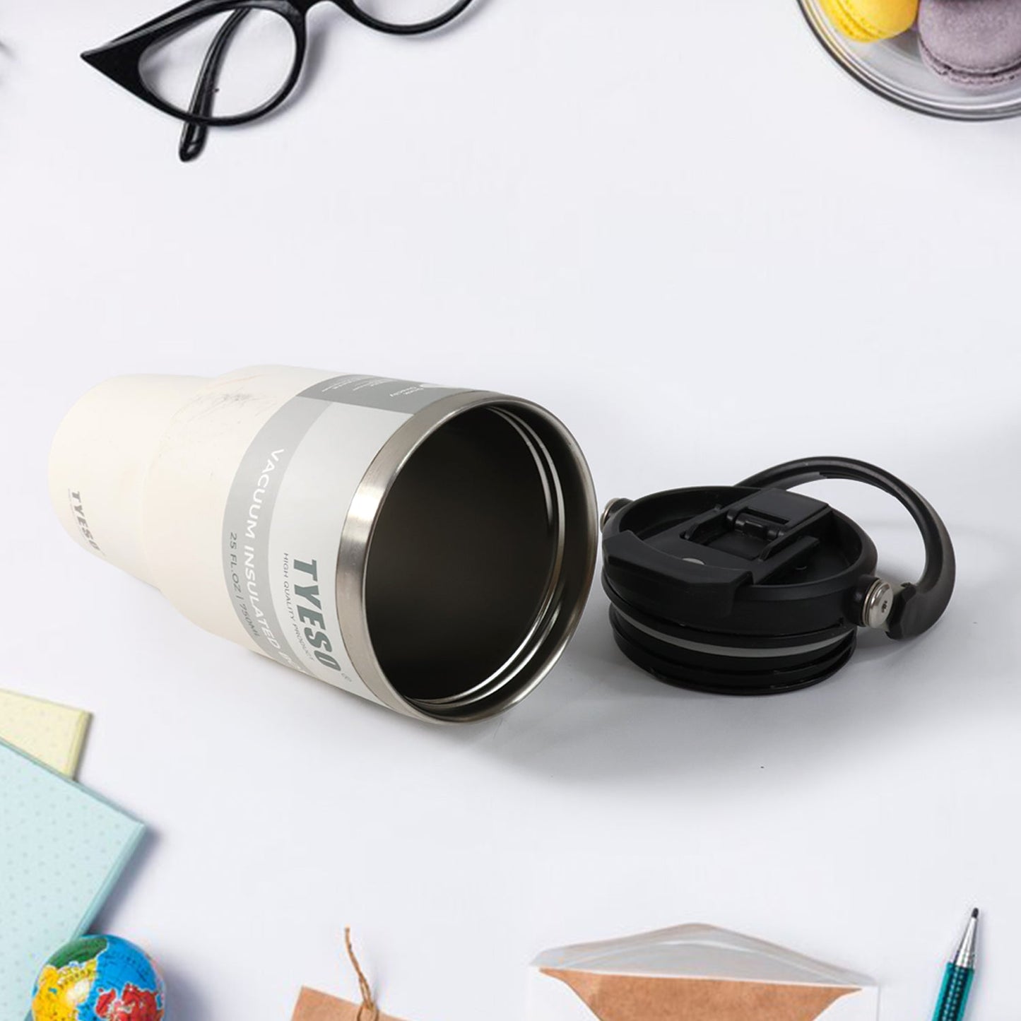 High Quality Stainless Steel Vacuum Glass Insulated Glass Coffee Cups Double Walled Travel Mug, Car Coffee Mug (With Lid & Handle / 1 Pc)
