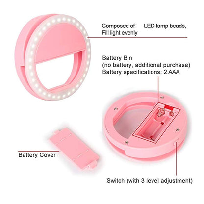 Phone Selfie Ring Light – Battery Operated Clip-On Light for Smartphone Photography (Battery Not Included)