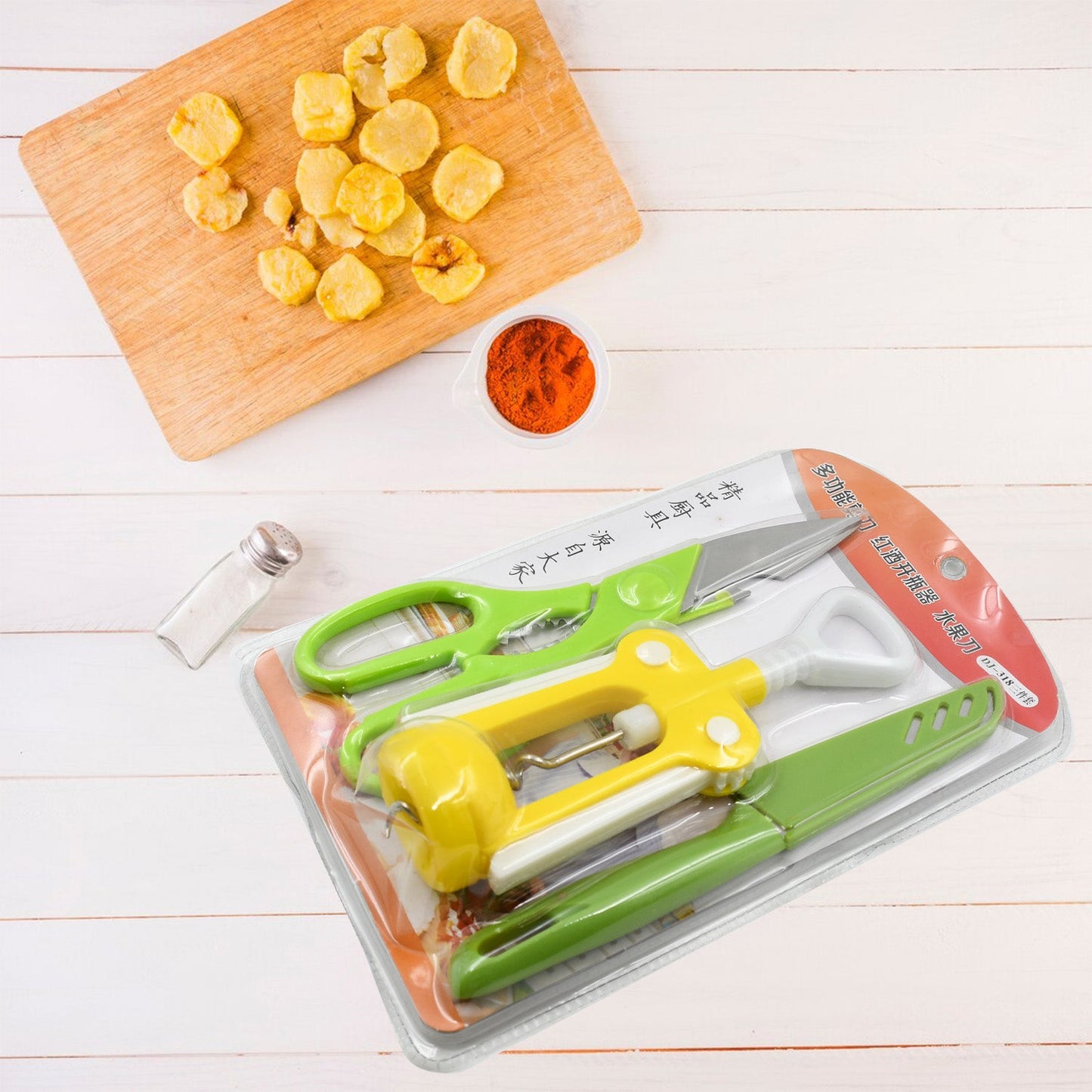Multifunction Kitchen Tool Set – Stainless Steel & Plastic Knife and Scissors