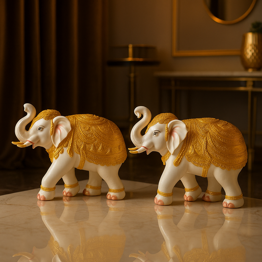 Home Decor Elephant Statue Modern Style White and Golden Decoration Suitable for Living Room, Bedroom, Desk, Cabinet, Gifts (Set of 2)