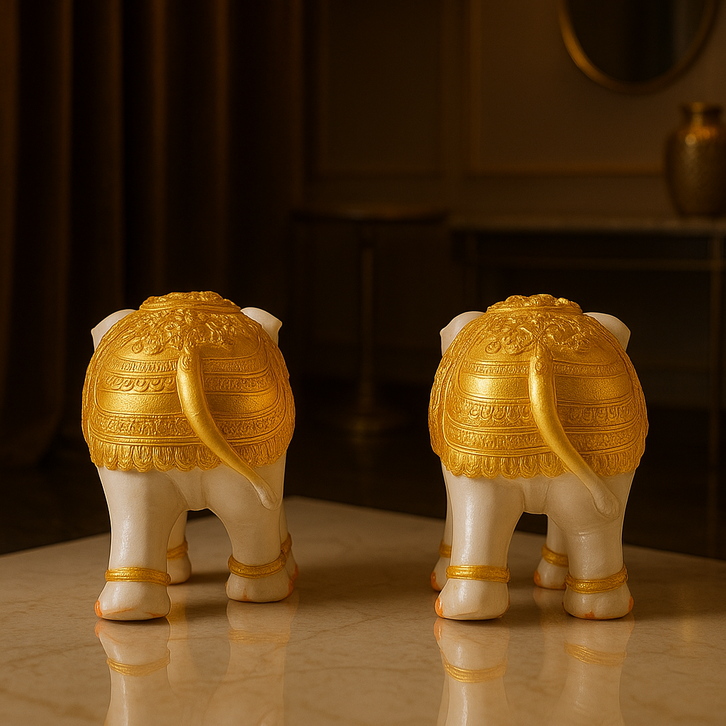 Home Decor Elephant Statue Modern Style White and Golden Decoration Suitable for Living Room, Bedroom, Desk, Cabinet, Gifts (Set of 2)