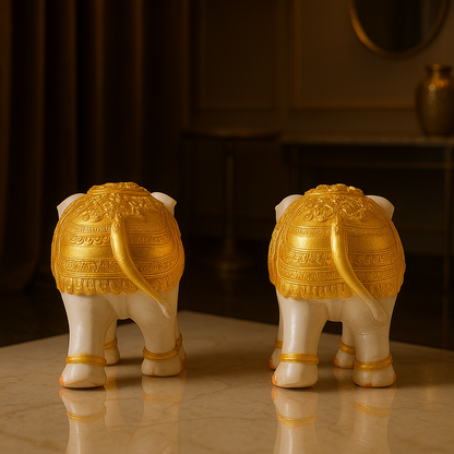 Home Decor Elephant Statue Modern Style White and Golden Decoration Suitable for Living Room, Bedroom, Desk, Cabinet, Gifts (Set of 2)
